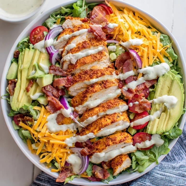 Close-up of a delicious and healthy Crispy Bacon Chicken Salad; a simple, satisfying American recipe.