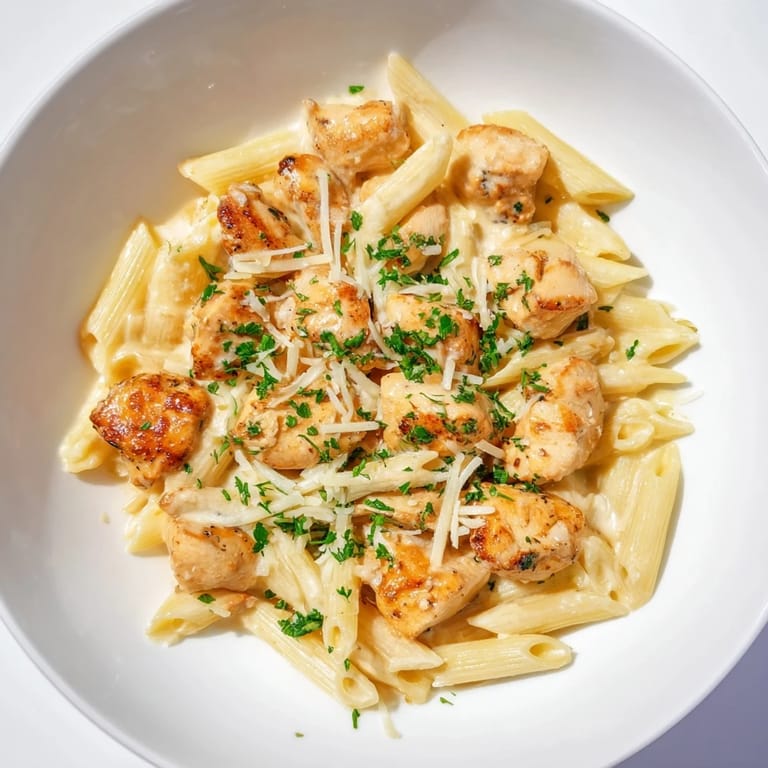 One-pan Quick Garlic Parmesan Chicken Pasta simmering with broth, chicken, and fragrant garlic, ready to serve.