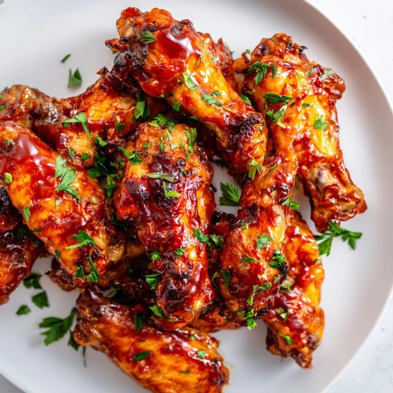 Crispy-skinned Baked Sticky Honey BBQ Wings piled high, offering a delectable mix of savory and sweet flavors.