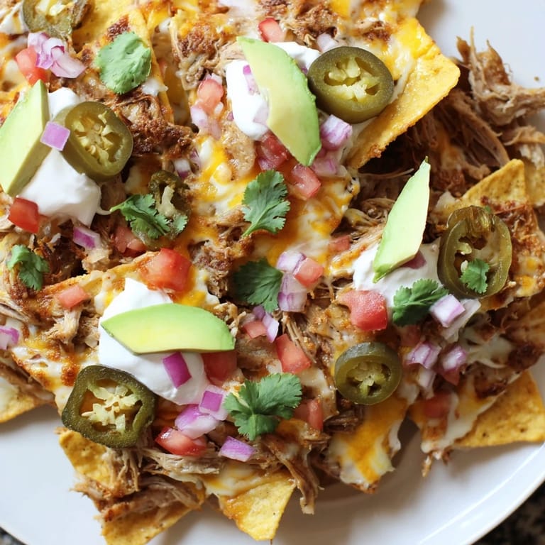 Warm, cheesy loaded nachos featuring tender pulled pork, perfect for a Tex-Mex feast.