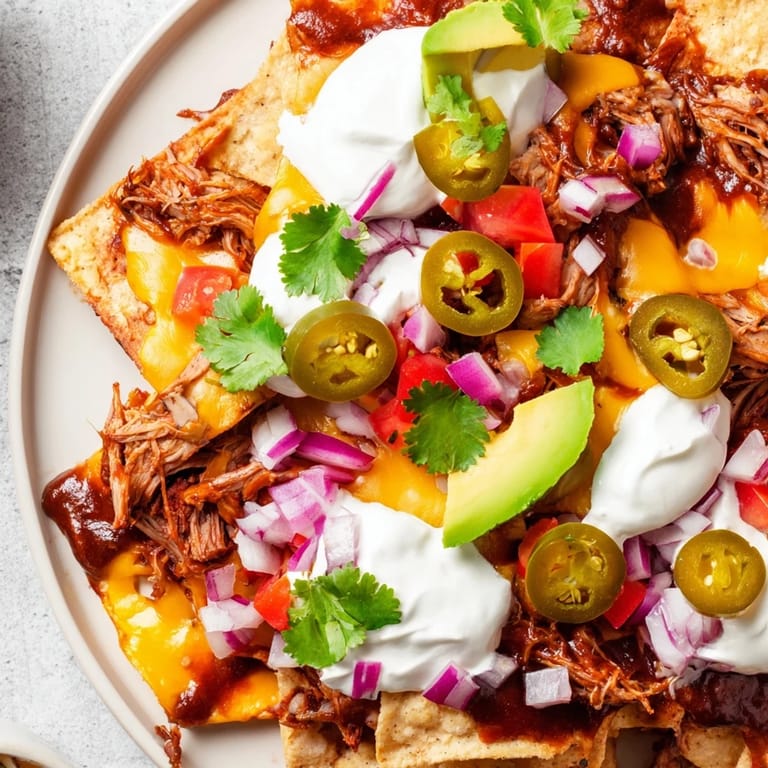 A close-up of delicious loaded nachos with slow-cooked pulled pork, ready to be devoured.