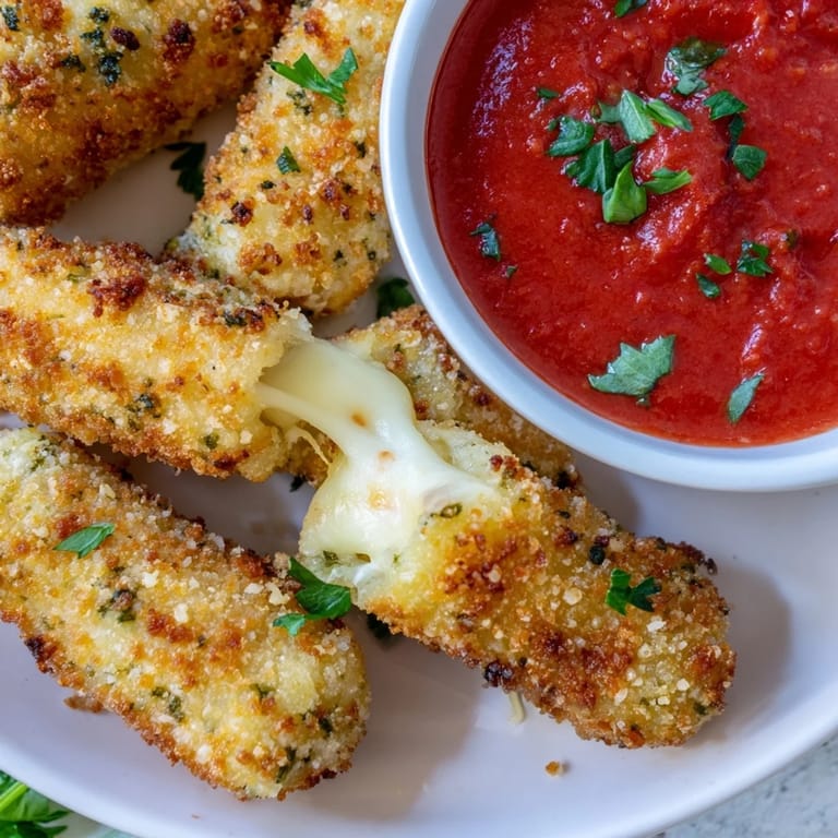 Mouthwatering, crispy air fryer mozzarella sticks with perfectly melted cheese inside, ready to serve.
