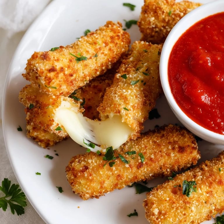 Enjoy a quick snack of hot and gooey air fryer mozzarella sticks, a crowd-pleasing appetizer.