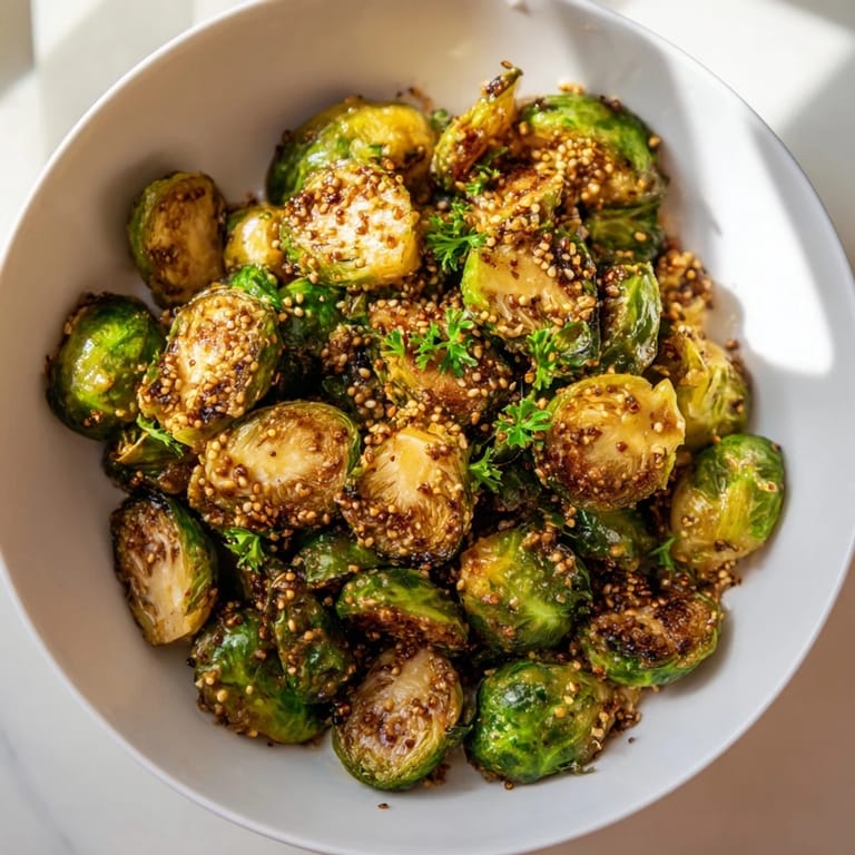 Close-up of caramelized Honey Mustard Glazed Brussels Sprouts, ready to serve with fresh parsley sprinkled on top.