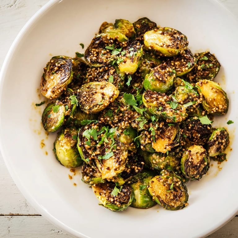Roasted Honey Mustard Glazed Brussels Sprouts, a vibrant, vegetarian dish perfect for a flavorful weeknight meal.