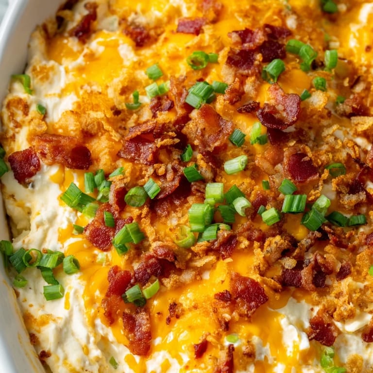 A warm, inviting photo of a cheesy, bubbling Cheesy Bacon Ranch Dip, perfect for game day snacking.