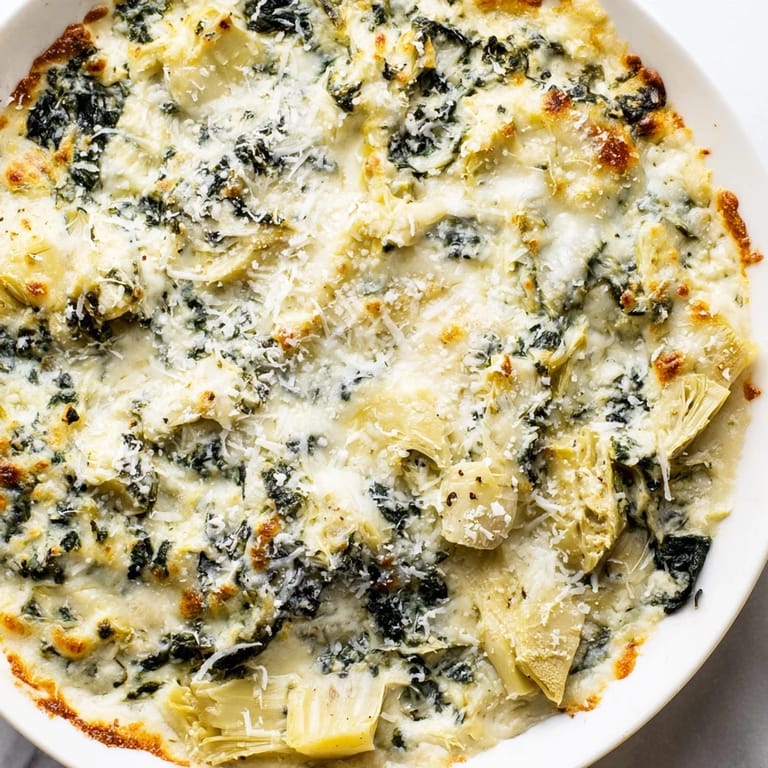 Warm spinach artichoke dip, a creamy mix of cheeses, spinach, and artichoke hearts, ready to bake.
