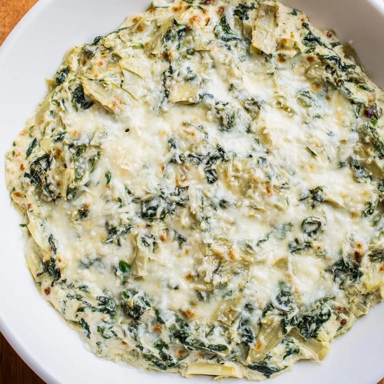 Freshly baked spinach artichoke dip, oozing cheese, perfect for scooping with your favorite chips.