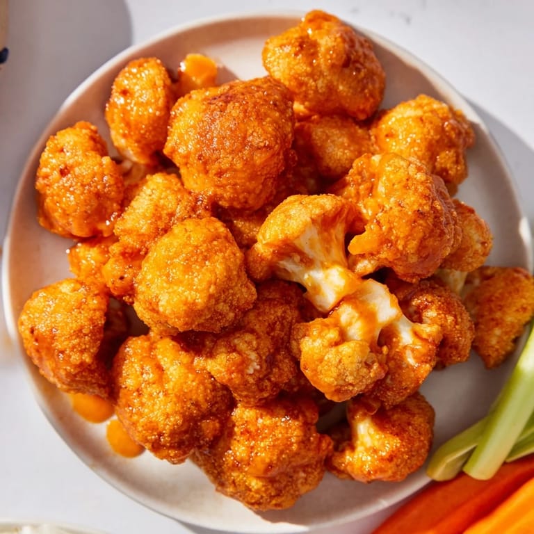 Vibrant plate of Buffalo Cauliflower Bites, with celery sticks and creamy ranch for dipping and fun.