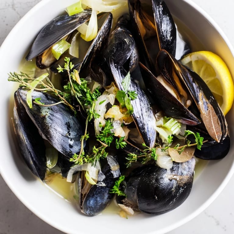 A flavorful bowl of Belgian Moules Marinière, showcasing plump mussels in a rich, herby broth, and lemon.