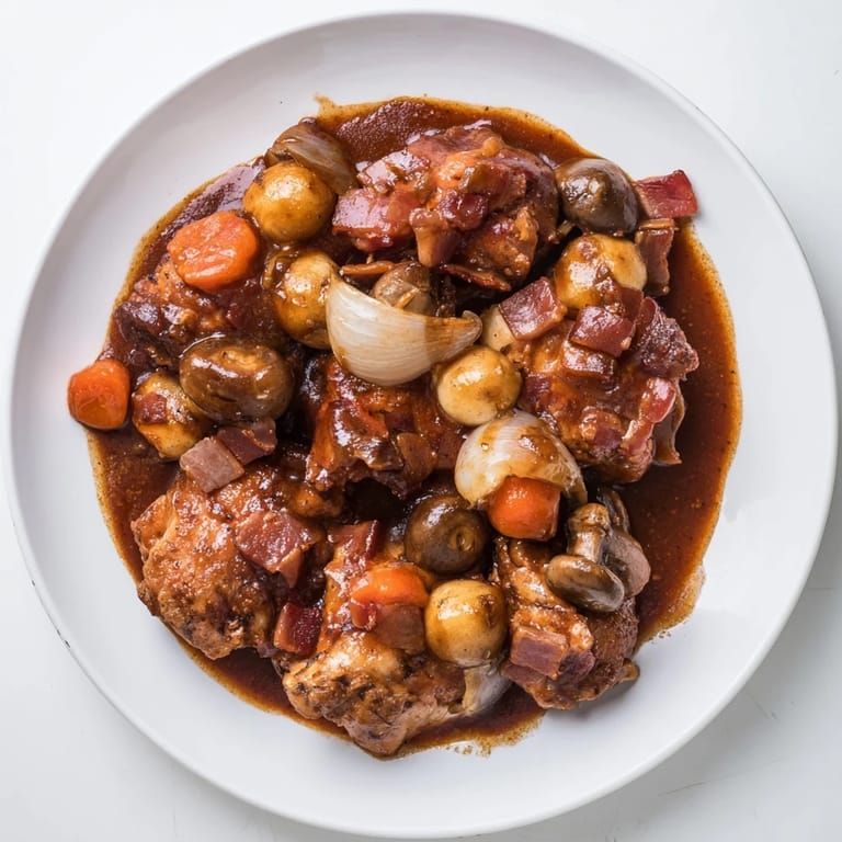 Close-up of golden-brown Coq au Vin; imagine the tender chicken and flavorful sauce.