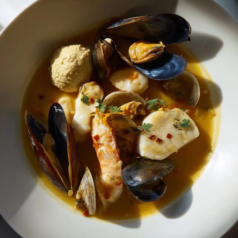 Close-up of a rustic bouillabaisse, showcasing tender fish and shellfish with a rich, flavorful broth.