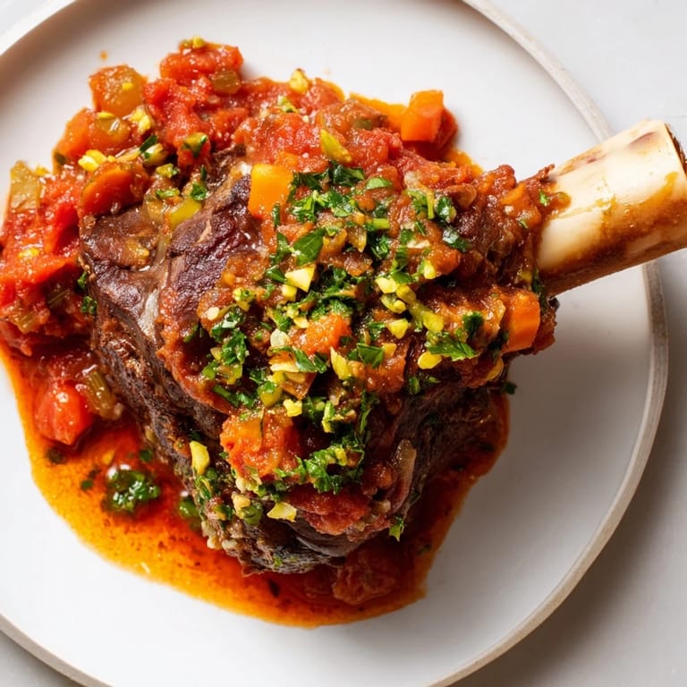 Slowly-braised, fork-tender Osso Buco with a rich tomato sauce, ready to be enjoyed with a creamy side.