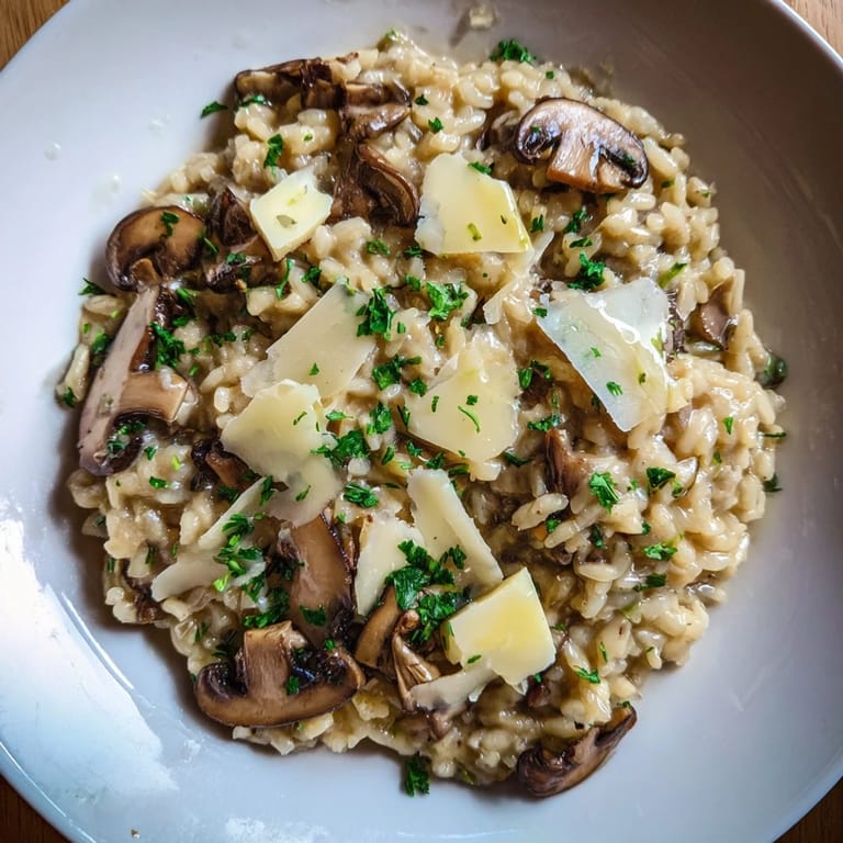 Savory Italian mushroom risotto, a vegetarian delight, topped with fresh parsley and cheese.