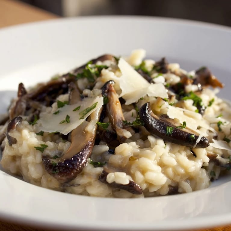 A close-up view of steaming Italian mushroom risotto, showcasing the creamy, rich texture.