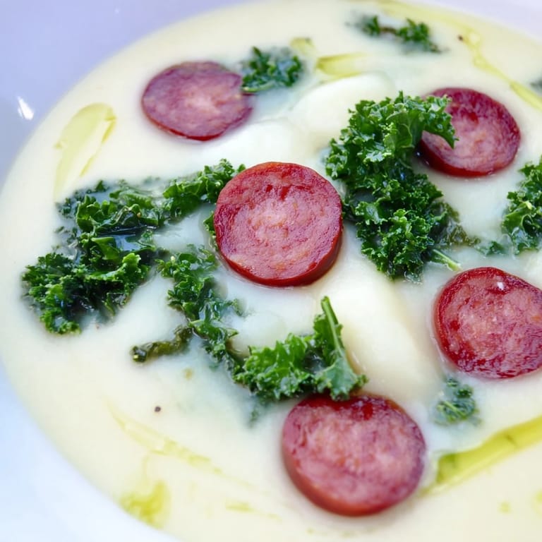 A rustic table setting with Portuguese Caldo Verde, served with crusty bread, ready to be enjoyed.