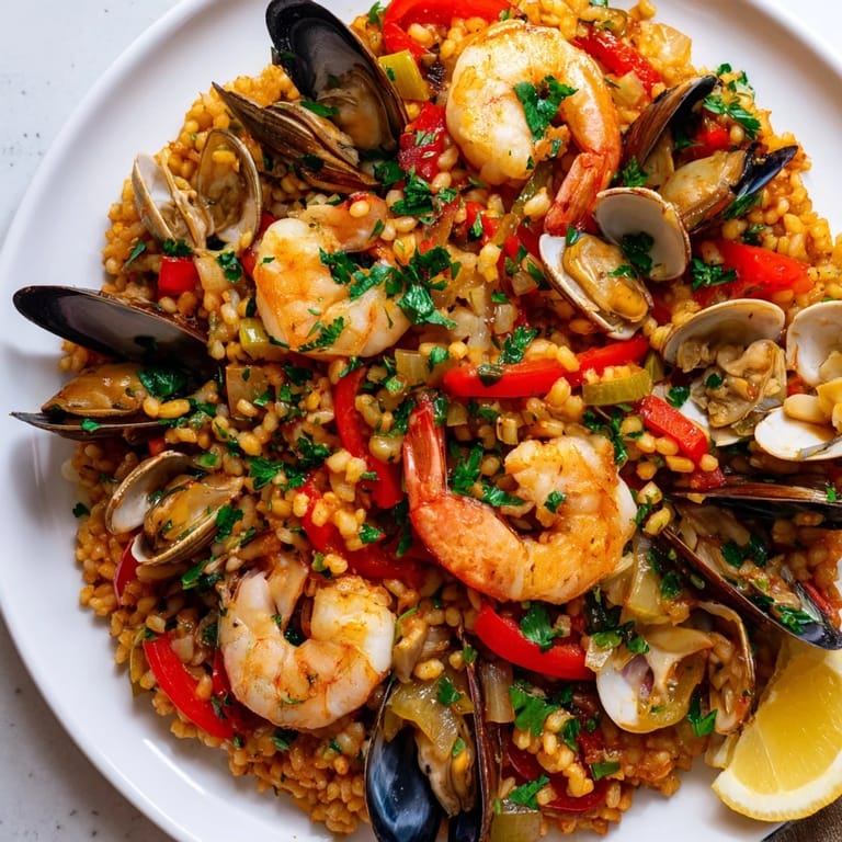 Freshly cooked Spanish Seafood Paella: a beautiful presentation of seafood and rice, ready to be enjoyed.