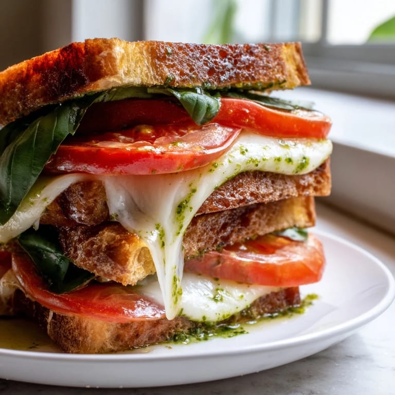 Golden-brown panini press innovations with melted mozzarella, fresh tomato slices, and basil leaves on toasted sourdough bread.