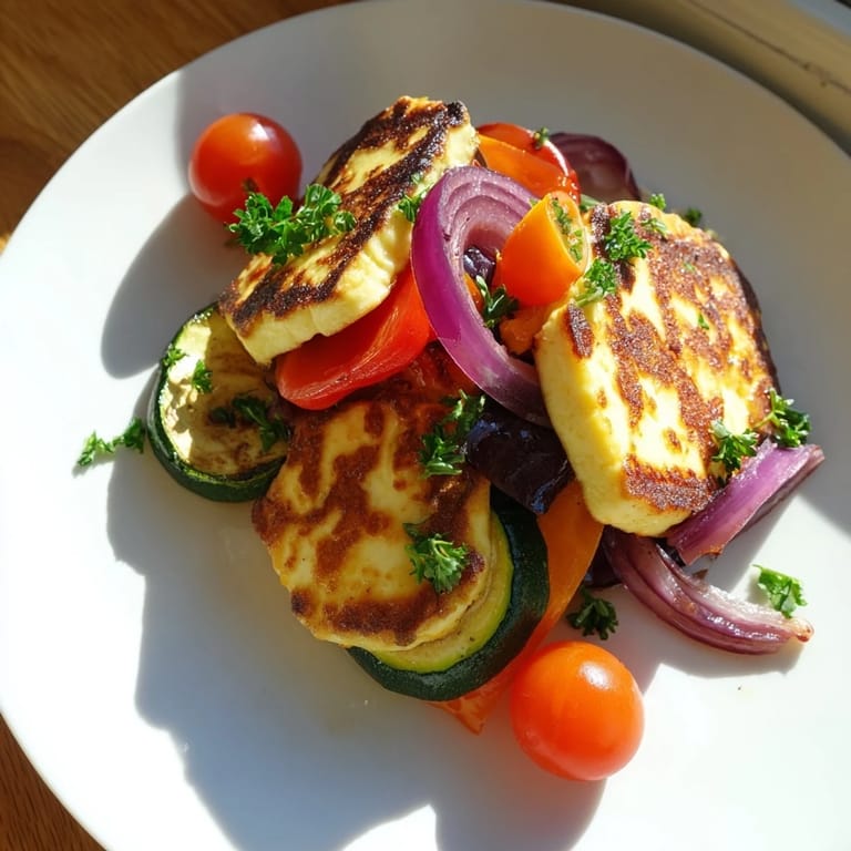 Grilled halloumi cheese steak served with lemon wedges and cherry tomatoes, ready to enjoy.