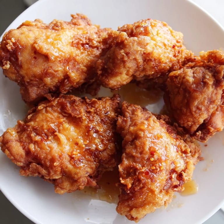 A close-up of crispy fried chicken coated in a glossy hot honey butter sauce, served on a platter.