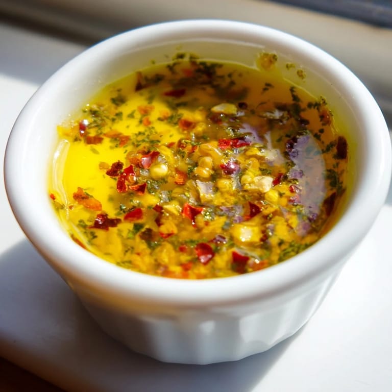 Golden Cowboy Butter Sauce garnished with chives and parsley, served warm as a dipping sauce for bread.