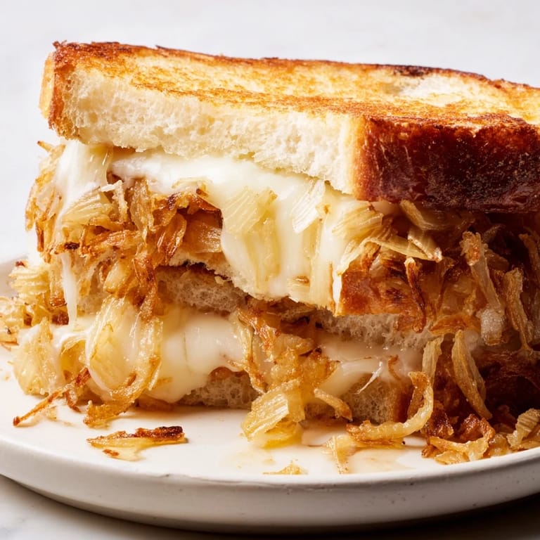Two halves of a crispy onion grilled cheese sandwich resting on a plate, paired with a bowl of creamy tomato soup.
