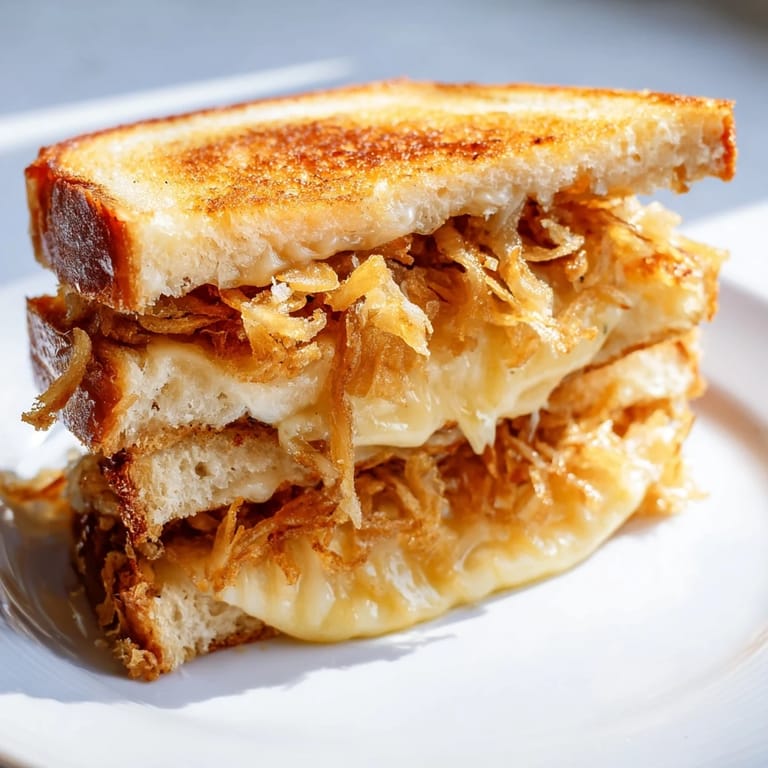 Freshly made crispy onion grilled cheese cut diagonally, revealing layers of gooey cheese and crunchy fried onions inside.