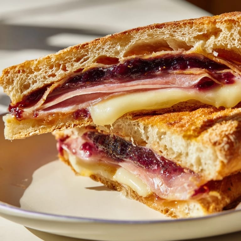 A close-up of a halved Crispy Prosciutto & Fig Panini shows melty cheese and rich fig spread between crusty Italian bread.