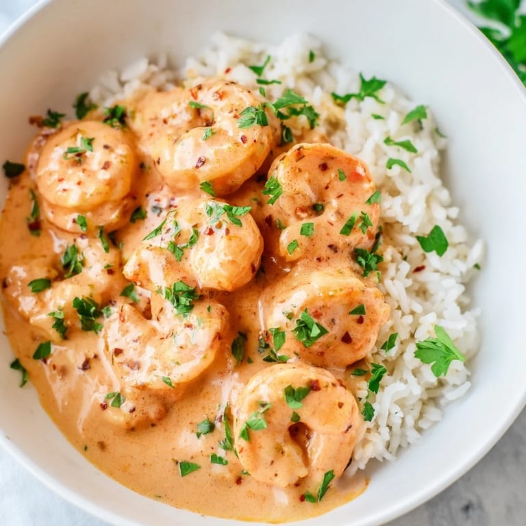 Savory Cajun shrimp and rich cream sauce served over steamed jasmine rice for dinner.