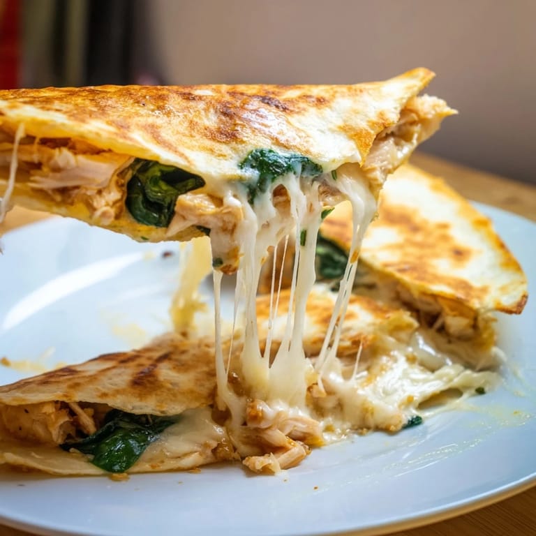 Freshly cut wedges of Chicken and Spinach Quesadilla arranged on a plate, ready to be dipped into creamy sour cream or salsa.