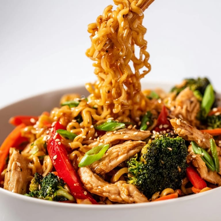 A close-up of a steaming bowl of Spicy Ramen Stir-Fry, garnished with fresh cilantro, sesame seeds, and sliced green onions.