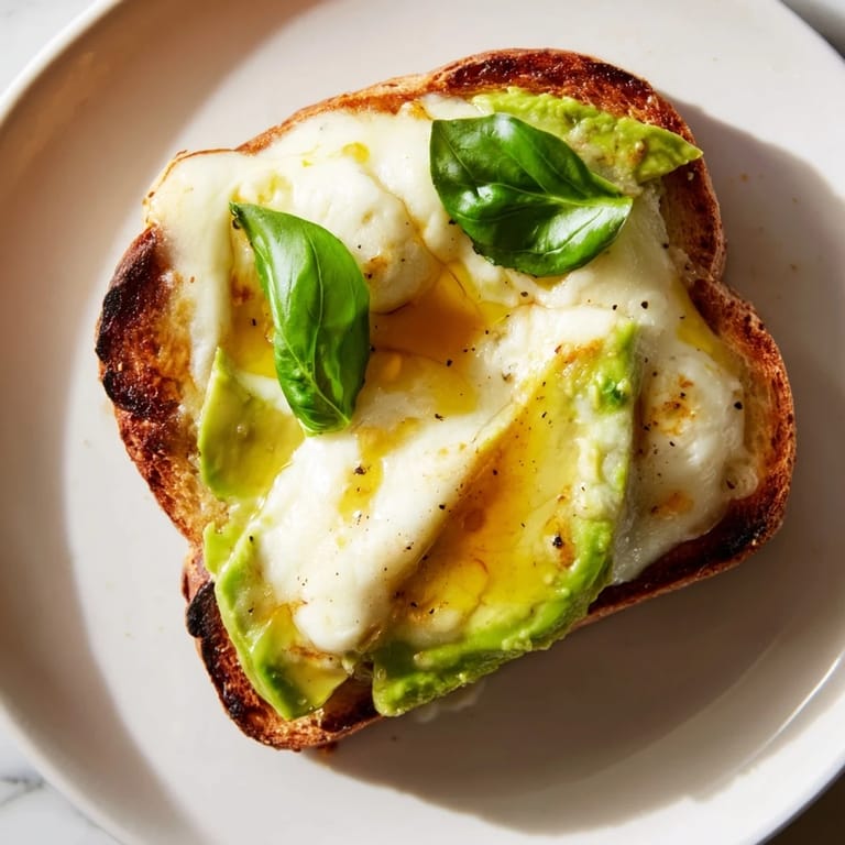 Avocado mozzarella tartine on a plate with a drizzle of olive oil, perfect for a quick, light lunch or appetizer.