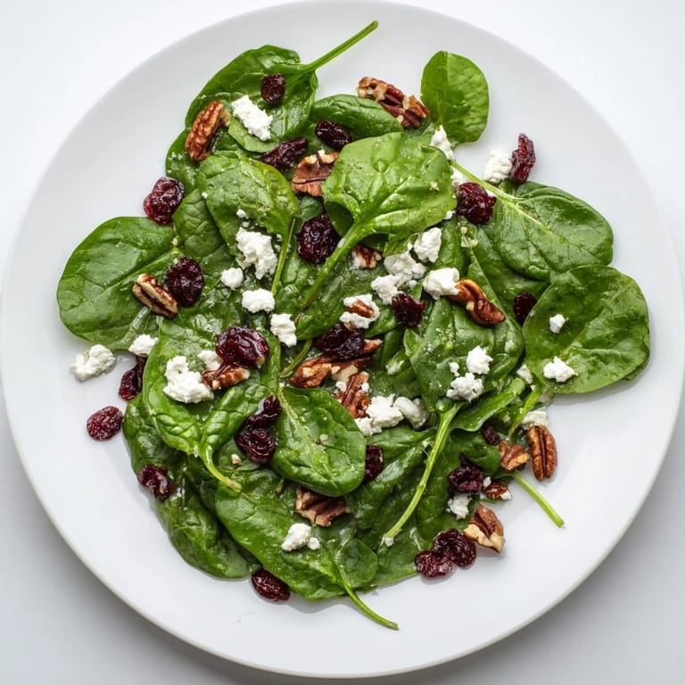 A plated Spinach Goat Cheese Salad garnished with extra candied pecans, ready to serve as an elegant vegetarian lunch or dinner side.