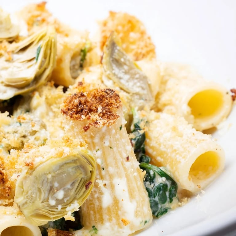 Fresh spinach and marinated artichoke hearts folded through penne pasta in Artichoke Pasta Bake, ready to serve.