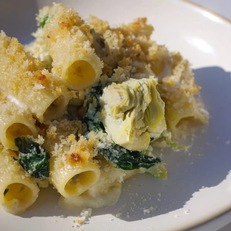A spoon lifts a creamy portion of Artichoke Pasta Bake, revealing tender pasta and a rich Parmesan cream sauce.