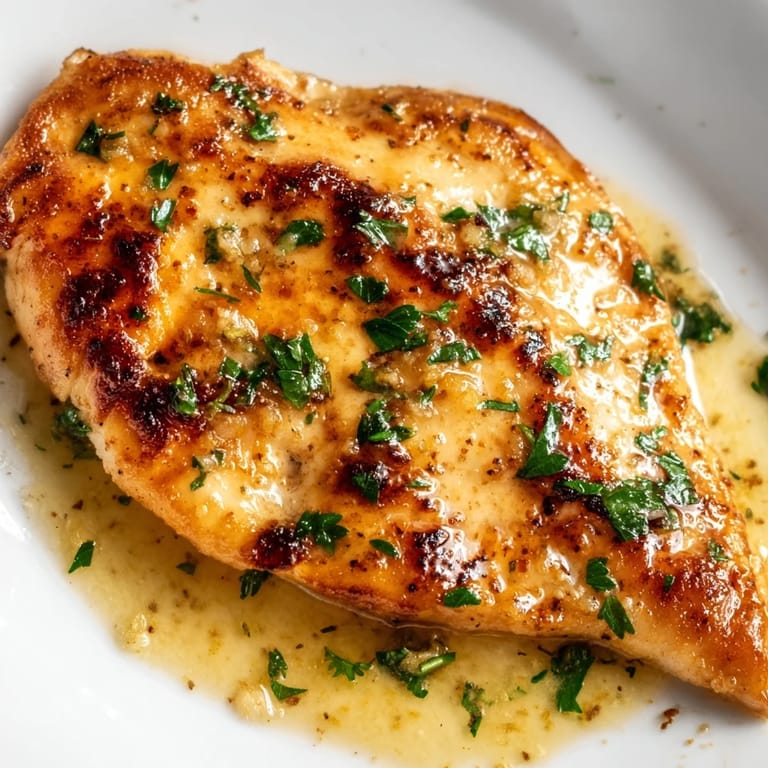 Spinach Lemon Butter Chicken garnished with parsley and lemon slices, resting on a simple white plate for a bright dinner.