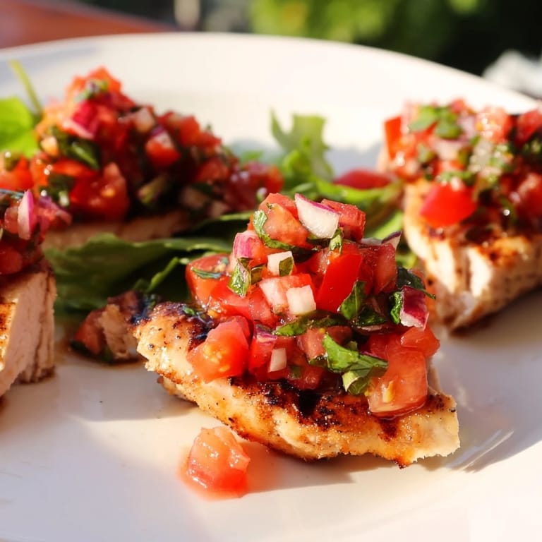 Hearty Bruschetta Chicken Salad for a light lunch, featuring grilled chicken and a zesty tomato topping on greens.