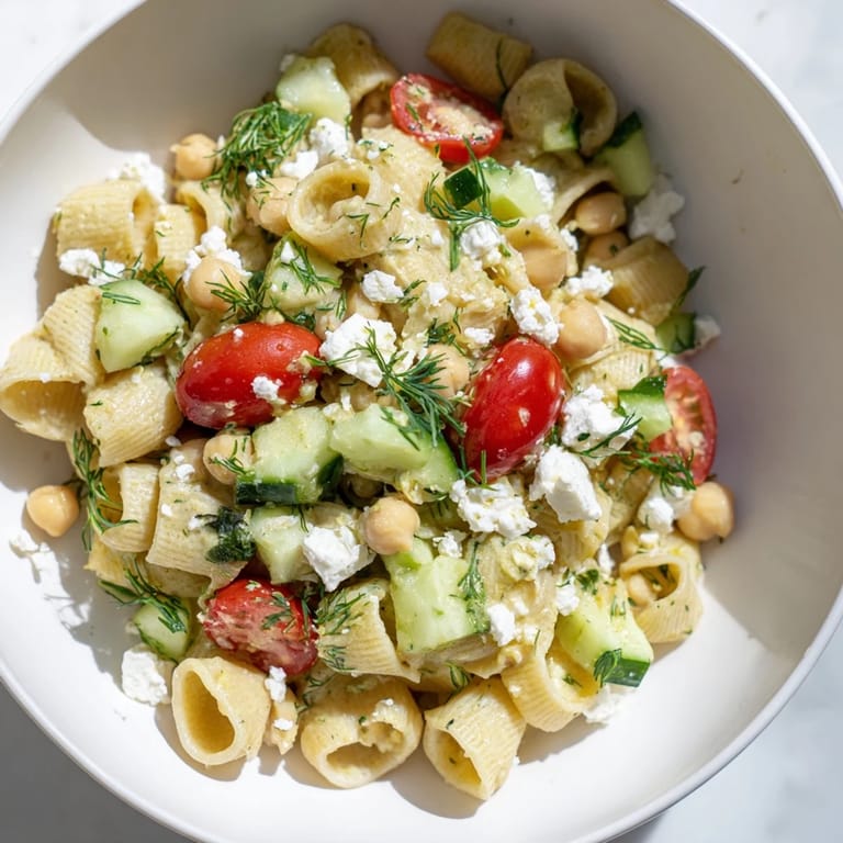 Serving suggestion for Lemon Herb Chickpea Pasta Salad, tossed with fresh parsley, dill, mint, and topped with crumbled feta for a Mediterranean-inspired meal.  