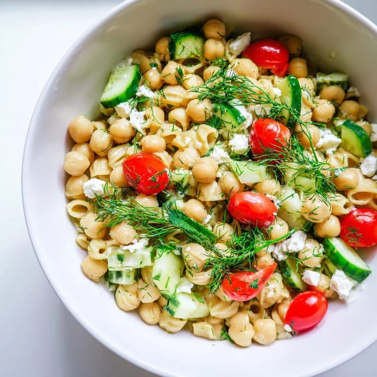 Close-up of chilled Lemon Herb Chickpea Pasta Salad, highlighting colorful vegetables and herbs in a light, refreshing olive oil dressing, perfect for summer picnics.