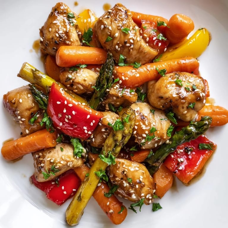 Sheet Pan Honey Garlic Chicken is baked with colorful peppers and asparagus for an easy meal.