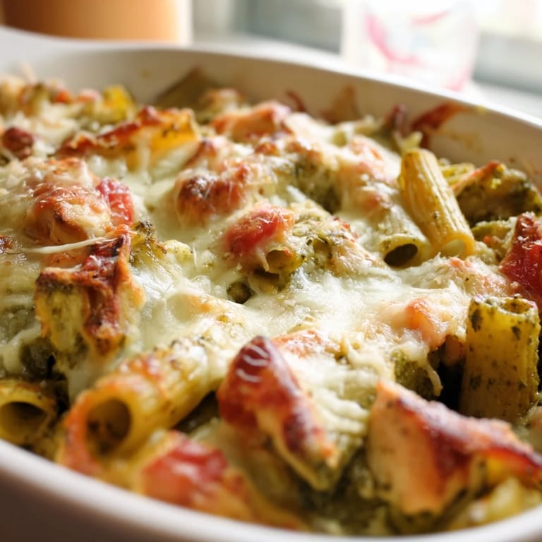 Steamy Pesto Chicken Pasta Bake with shredded mozzarella and golden edges, plated on a marble countertop.