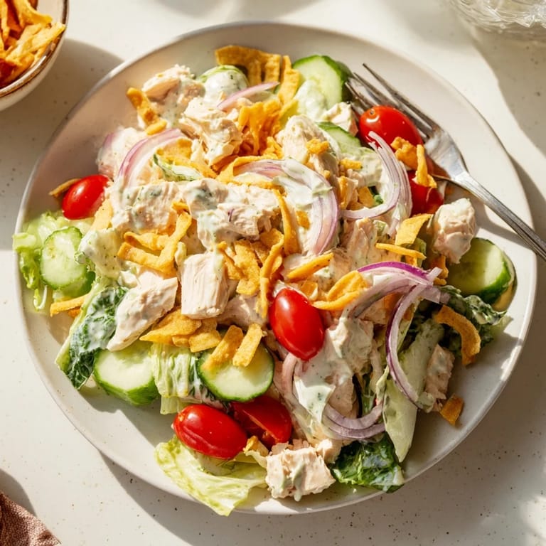 Tender chopped chicken mixed into creamy Jalapeño Ranch Chicken Salad with cucumbers and red onion for a refreshing crunch.
