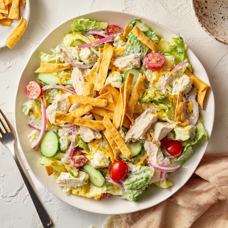 Fresh Jalapeño Ranch Chicken Salad served with crunchy tortilla strips and a drizzle of zesty, homemade dressing.