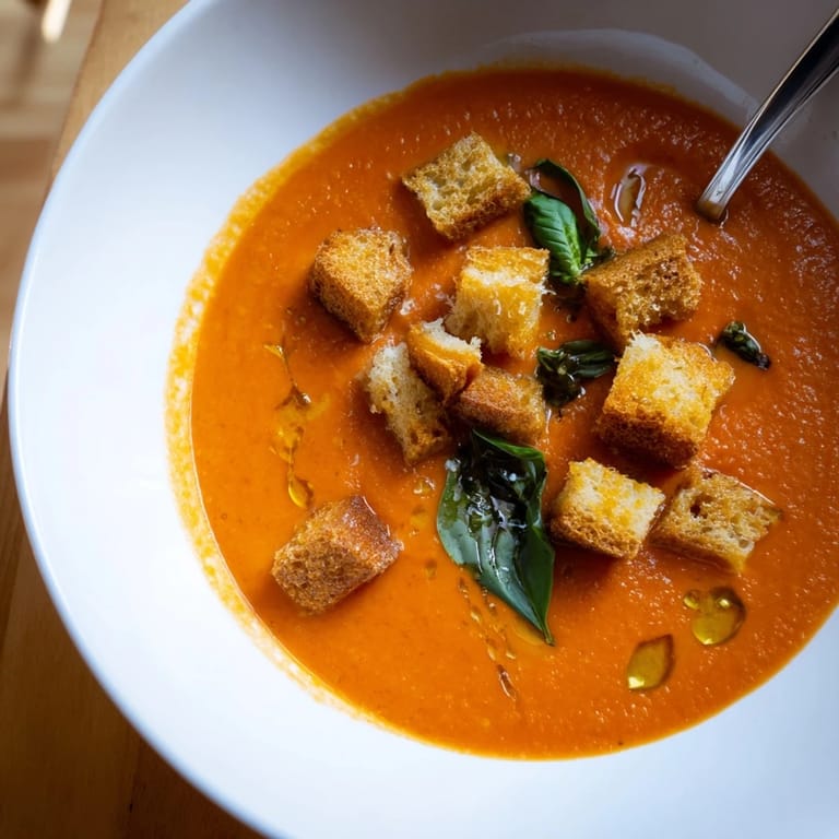 Roasted Tomato Soup With Crispy Croutons served warm, perfect for a comforting vegetarian dinner.