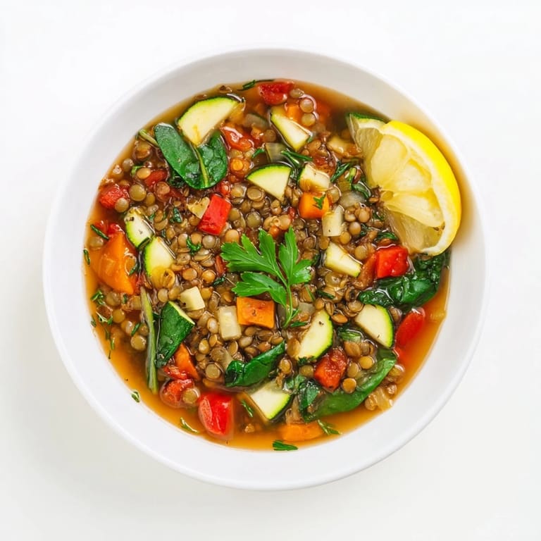 Close-up of a nutritious Lentil and Vegetable Soup featuring tender lentils, diced zucchini, and red bell pepper in savory broth.