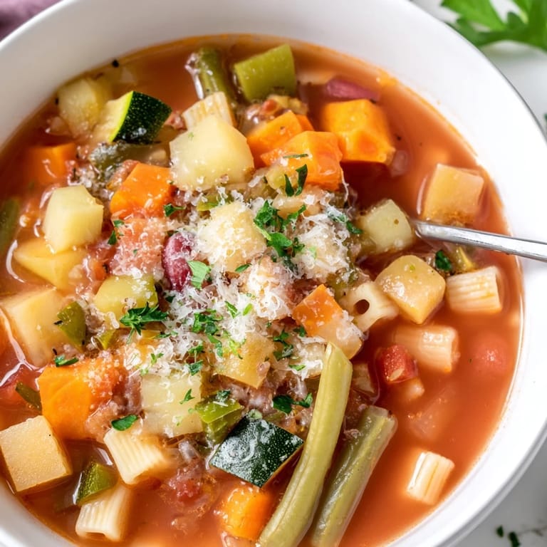 Hearty Minestrone Vegetable Soup served in a ceramic bowl, paired with a glass of red wine for dinner.