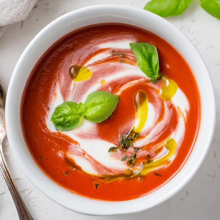 Silky, velvety tomato and basil soup simmered with onions and garlic, topped with a swirl of cream and fresh basil for a comforting Italian-inspired meal.