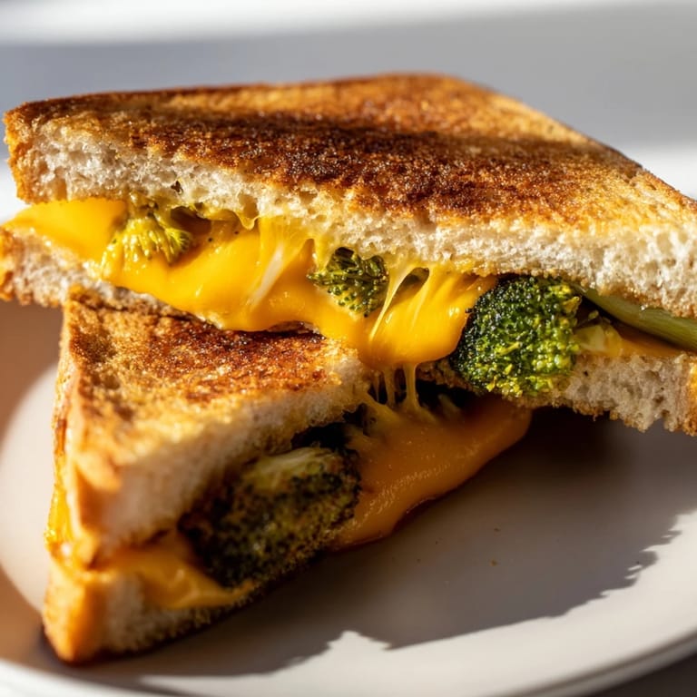 Buttery, crispy bread frames the hearty filling of this Roasted Broccoli & Cheddar Grilled Cheese, perfect for a comforting vegetarian main dish.