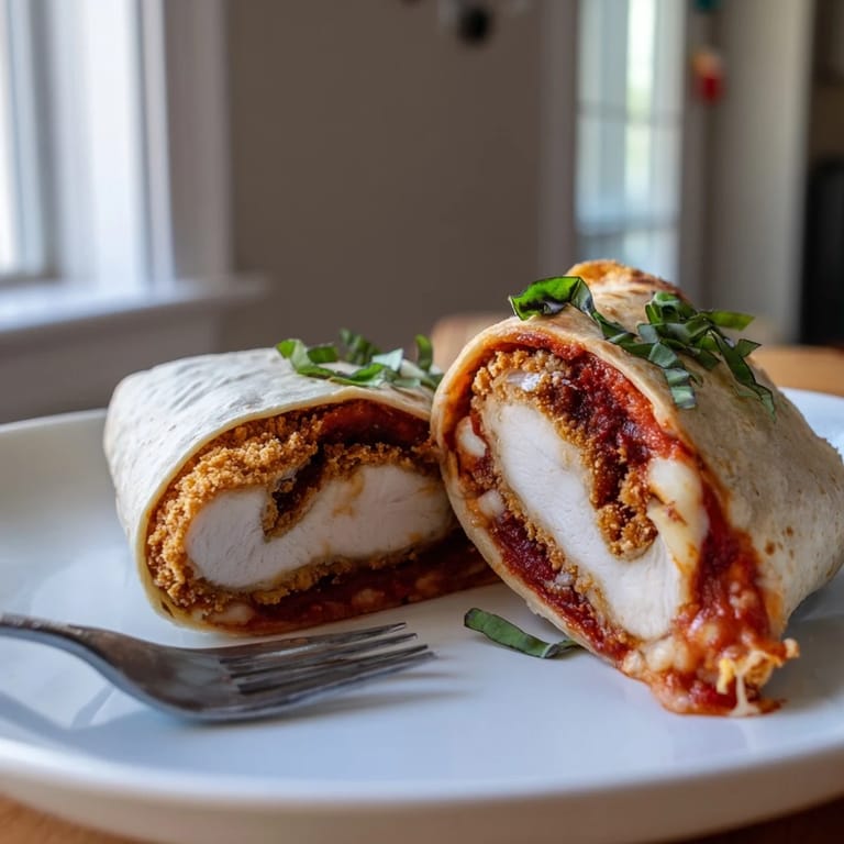 A handheld Italian-American Crispy Chicken Parm Wrap on a rustic cutting board, with a side of extra marinara for dipping and a green salad nearby.