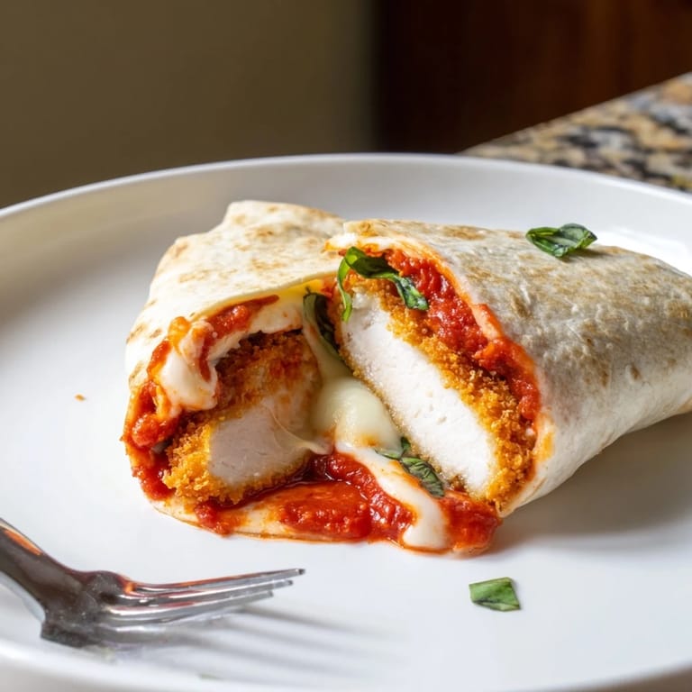 Close-up of a Crispy Chicken Parm Wrap, with crispy breaded chicken, gooey melted mozzarella, and vibrant marinara sauce nestled in a soft tortilla.